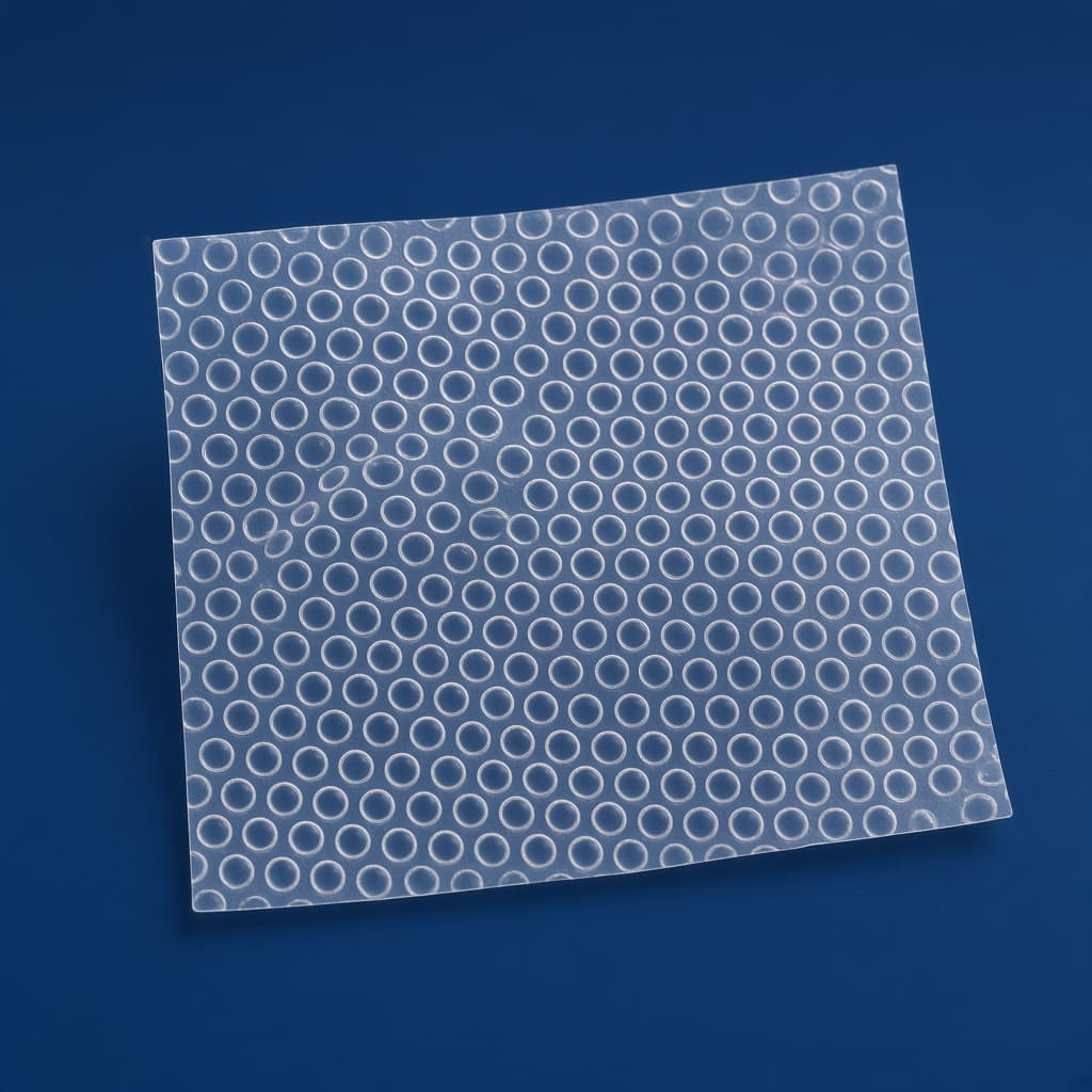 A translucent membrane covered in small round dimples on a navy ground