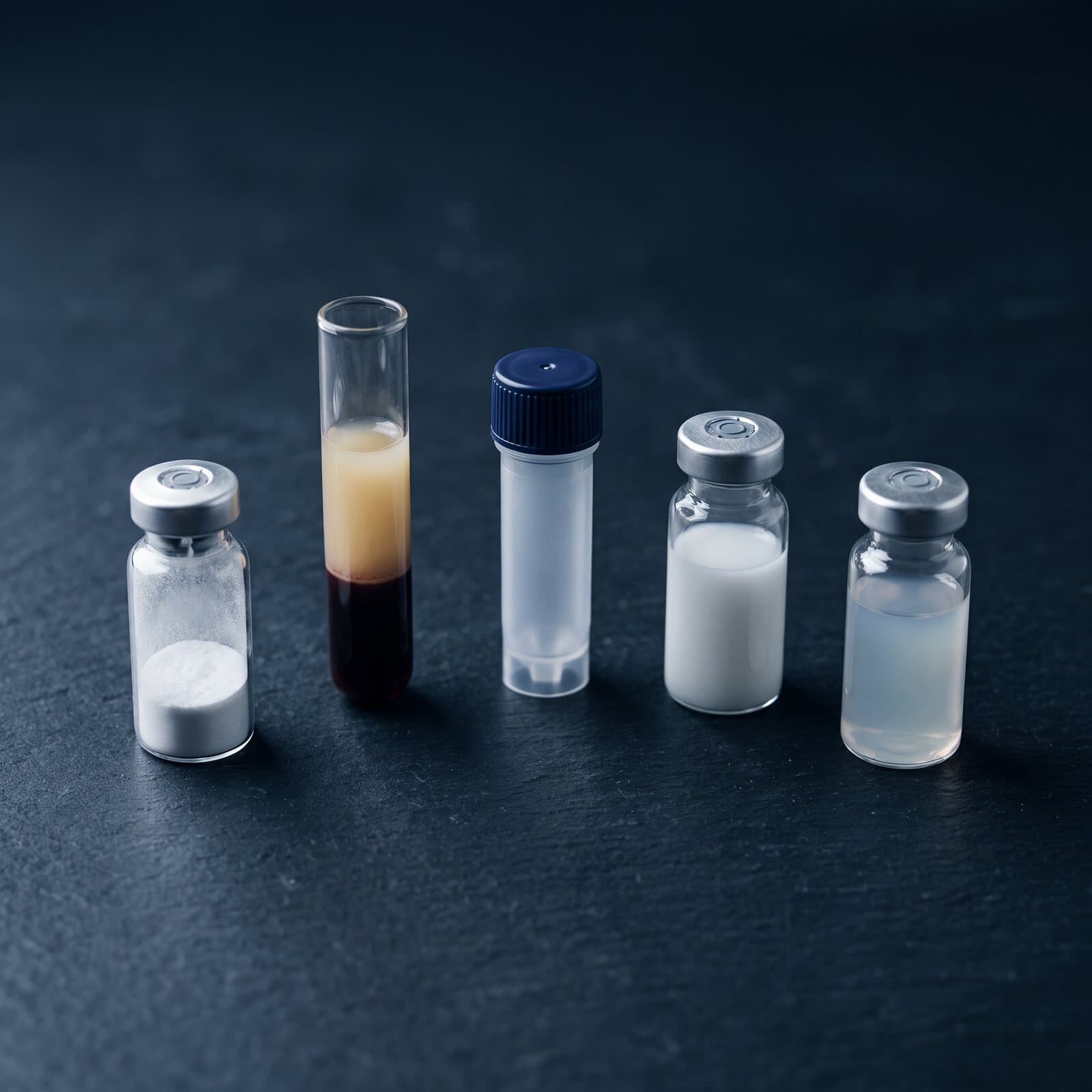 Five unlabeled vials and a spun blood tube in a row on dark slate