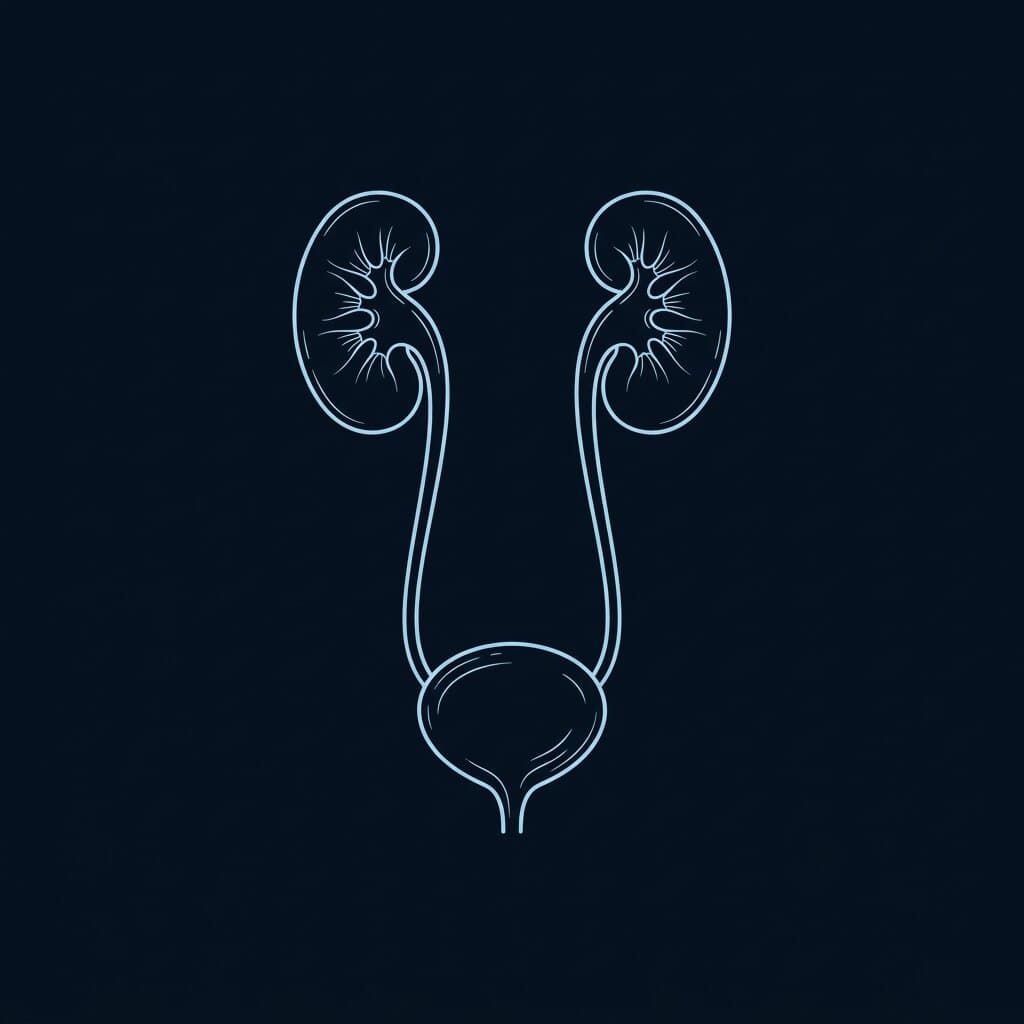 Fine line drawing of the kidneys, ureters and bladder in pale blue on navy